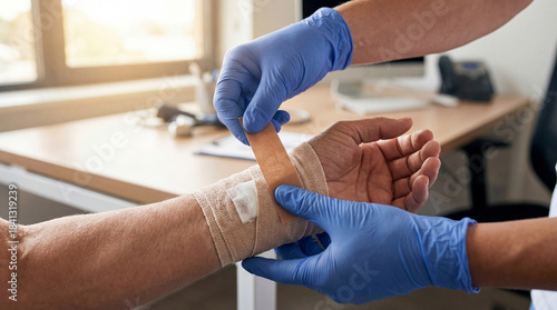 Healthcare professional applying adhesive bandage to an injured wrist while wearing blue gloves in a clinical office environment