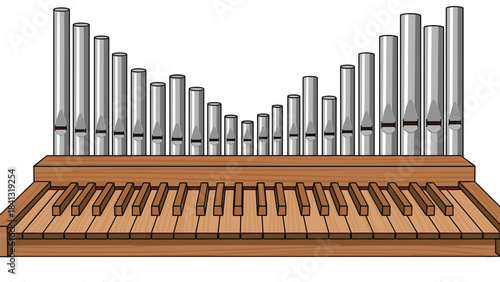 A colorful illustration of a pipe organ keyboard with silver pipes on a white background