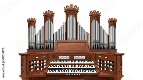 A large pipe organ with a brown wooden console and multiple silver pipes of varying lengths isolated on white background