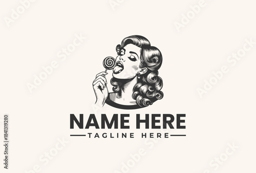 Charming retro pin-up girl character enjoying a sweet lollipop, a stylish logo vector illustration for candy brands or beauty products