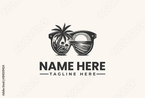 Palm tree and ocean view reflected in sunglasses logo vector illustration