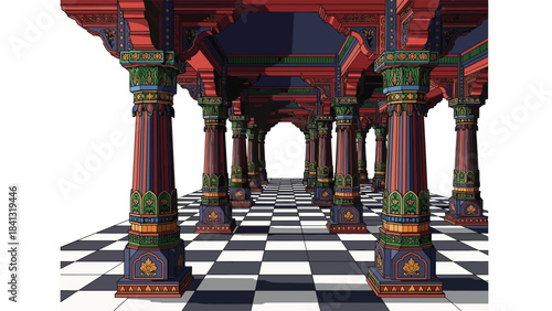 A colorful 3d rendering of a hallway with ornate pillars and a checkered floor leading to an archway in the distance