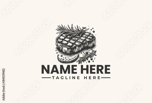 Rustic Steak Logo Vector Illustration of Grilled Meat with Rosemary and Spices