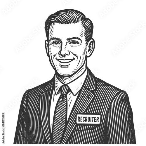 smiling male recruiter in a pinstripe suit, wearing a name badge labeled RECRUITER sketch engraving generative ai fictional character vector illustration. Scratch board imitation. Black and white.