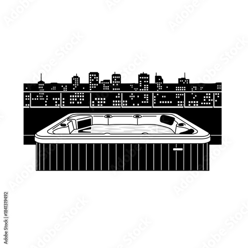 Rooftop jacuzzi at night with city lights, luxurious vibe, minimalistic style