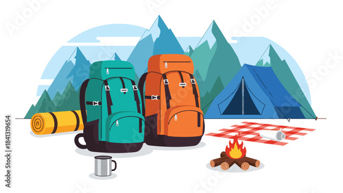 Camping gear and equipment for outdoor adventure in mountains with backpacks and campfire