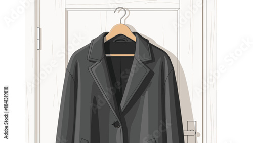 Gray blazer hanging on a wooden hanger against a white door background