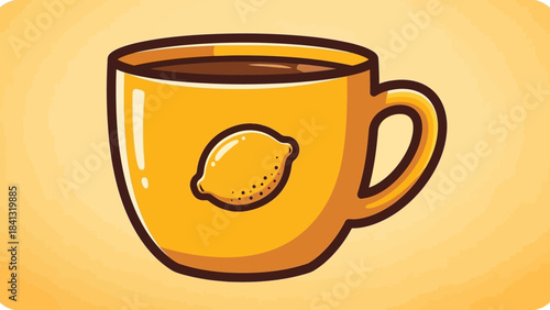 Illustration of a yellow mug with a lemon design, filled with a dark liquid, set against a yellow background.