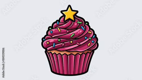 Illustration of a cupcake with pink frosting, colorful sprinkles, and a yellow star on top.