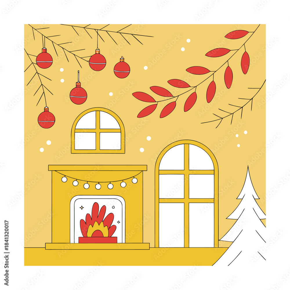 Fototapeta premium A festive holiday scene with a fireplace and christmas decorations on a yellow background with snowflakes and a tree