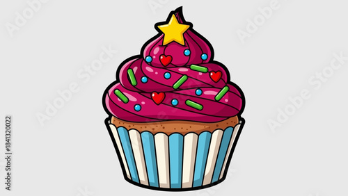 Illustration of a cupcake with pink frosting, sprinkles, and a star on top.