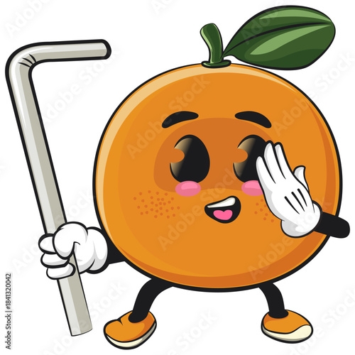 cute orange mascot character carrying a straw while greeting, happy mandarin fruit cartoon vector illustration, work of hand drawn