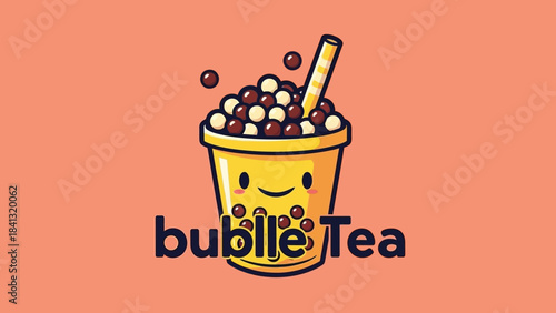 Cartoon bubble tea with tapioca pearls and a straw in a yellow cup with a smiling face.