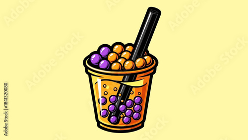 Illustration of a cup of bubble tea with purple and orange tapioca pearls and a black straw.