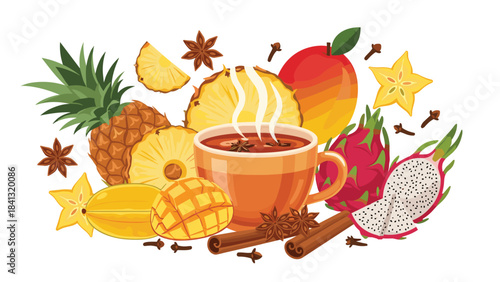 A vibrant and colorful illustration of a mug of hot tea surrounded by various fruits and spices, including pineapple, apple, starfruit, cinnamon sticks, and star anise on a pure white background