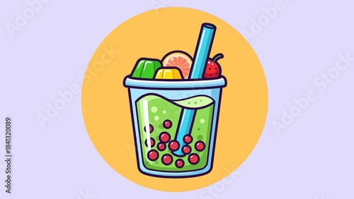 Cartoon illustration of a fruit bubble tea with green liquid and colorful toppings.