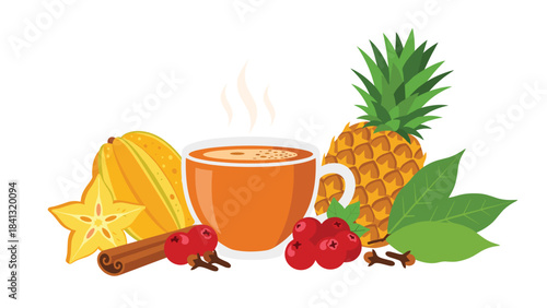 A vibrant illustration of a steaming cup of tropical fruit infused tea with starfruit, pineapple, cranberries, and cinnamon on isolated white background