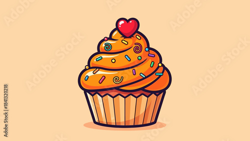 A cartoon cupcake with orange frosting, sprinkles, and a red heart on top, set against a light orange background.