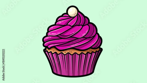 Illustration of a cupcake with purple frosting and a white pearl on top.