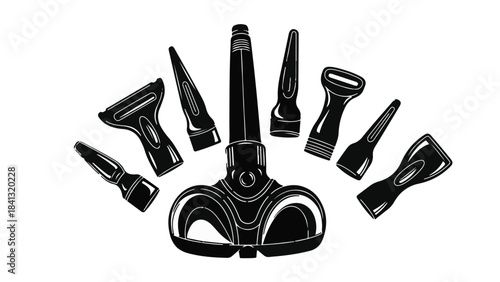 Scuba diving regulator and tools set, diving equipment, underwater breathing apparatus, black and white illustration