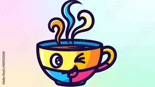 Cartoon cup of coffee with a winking face and colorful design, steam rising.