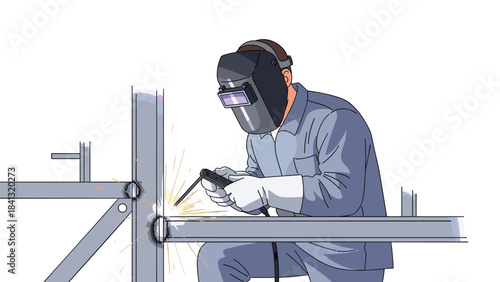 A worker in protective gear welding a metal piece on a frame isolated on white background