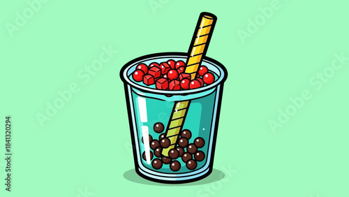 Illustration of a bubble tea drink with red and brown tapioca pearls and a yellow straw, set against a light green background.