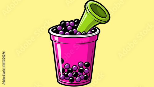 Cartoon illustration of a pink cup filled with black boba and a green straw.