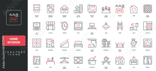 Home interior, project and decor design, designers idea line icon set. Items of kitchen, bedroom and living room, toilet and bathroom, fireplace thin black and red outline symbols vector illustration