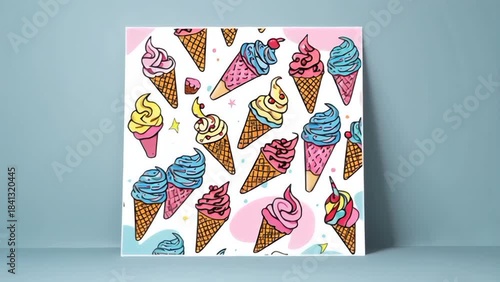 Digital poster with delightful and colorful seamless pattern featuring various ice cream cones in waffle cones, perfect for and sweet treats themes 
