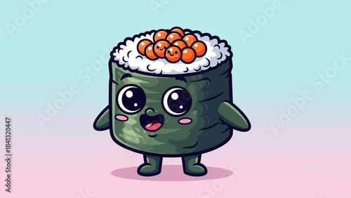 Cartoon sushi roll character with a happy face and salmon roe topping, standing on a pink and blue background.