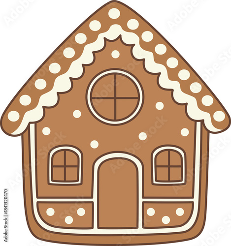 Cute Cartoon Gingerbread House with Icing and Snow Illustration