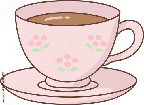 Cute Pastel Pink Teacup and Saucer Illustration with Flower Decoration