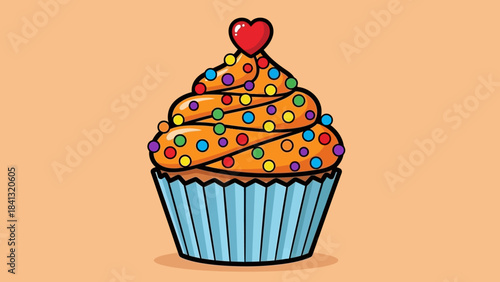 A colorful cupcake with orange frosting, sprinkles, and a heart on top.