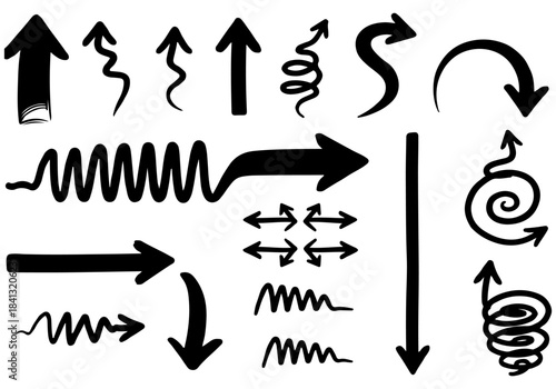 A collection of various hand-drawn black arrows and directional symbols in different styles.