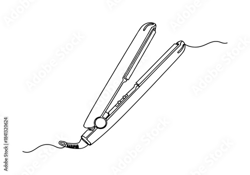 Line art illustration of a modern hair straightener with open heating plates and a power cord, depicted on a white background.