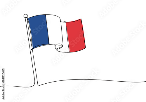 Continuous line drawing of the French flag waving on a pole, showcasing its iconic blue, white, and red stripes against a clean white background.