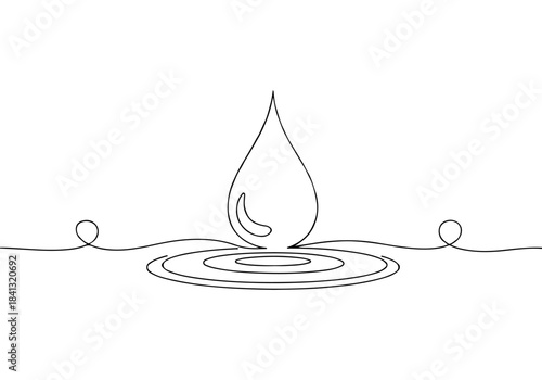 A single continuous line art drawing of a water droplet creating ripples on a surface, with decorative loops on the sides.