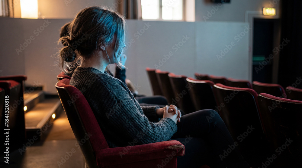Obraz premium Quiet young woman sitting alone in empty cinema auditorium with soft blue light watching screen in contemplative relaxed mood
