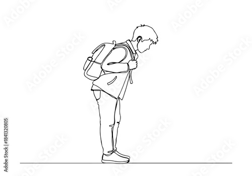 A continuous line drawing of a young man with a backpack bowing respectfully.