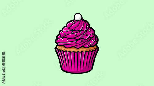 Illustration of a cupcake with pink frosting and a white candy on top, set against a light green background.
