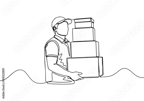 Continuous line drawing of a delivery person in a cap carrying a stack of four packages, representing efficient shipping and logistics.