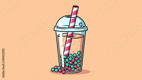 Illustration of a bubble tea drink with a straw and colorful tapioca pearls.