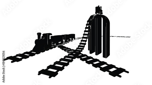 Futuristic cityscape train track merging into skyscraper, modern transportation infrastructure, urban landscape, technological advancement, black and white