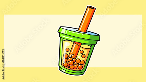 Illustration of a cup of bubble tea with tapioca pearls and a straw.