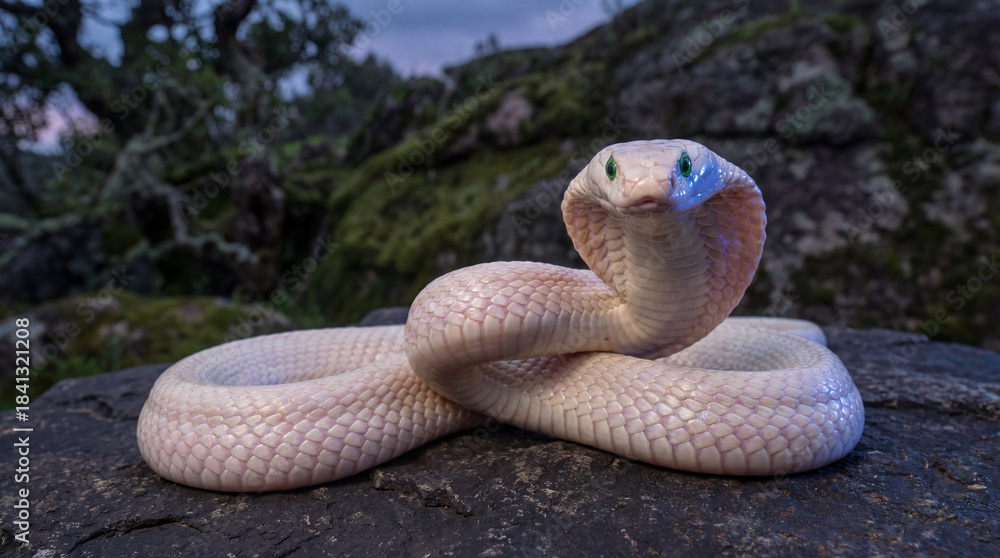 Fototapeta premium Albino cobra coiled on rugged rock in forest habitat at dusk showcasing pale scales, hood display, and intense defensive stare