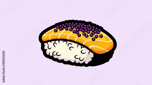 Illustration of a piece of salmon sushi with purple roe on top, set against a light purple background.