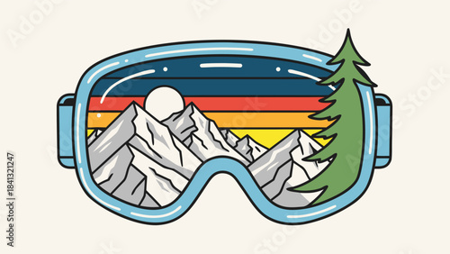Retro ski goggles reflecting a vibrant mountain landscape with a pine tree and sunset.