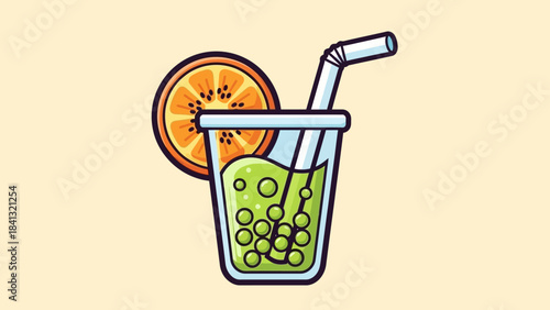 Illustration of a refreshing green bubble tea drink with an orange slice garnish and a straw.