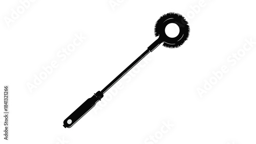 Black handheld circular brush with long handle for cleaning scrubbing on white background